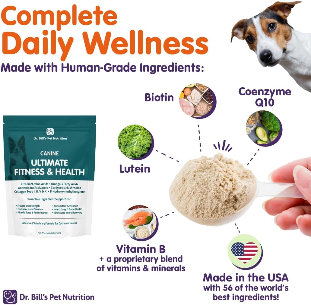 Dr. Bill's Canine Ultimate Fitness & Health Multivitamin for Dogs | with Coenzyme Q-10, Vitamin E, D-3, Biotin, Folic Acid, Hyaluronic Acid | Dog Vitamins 340g