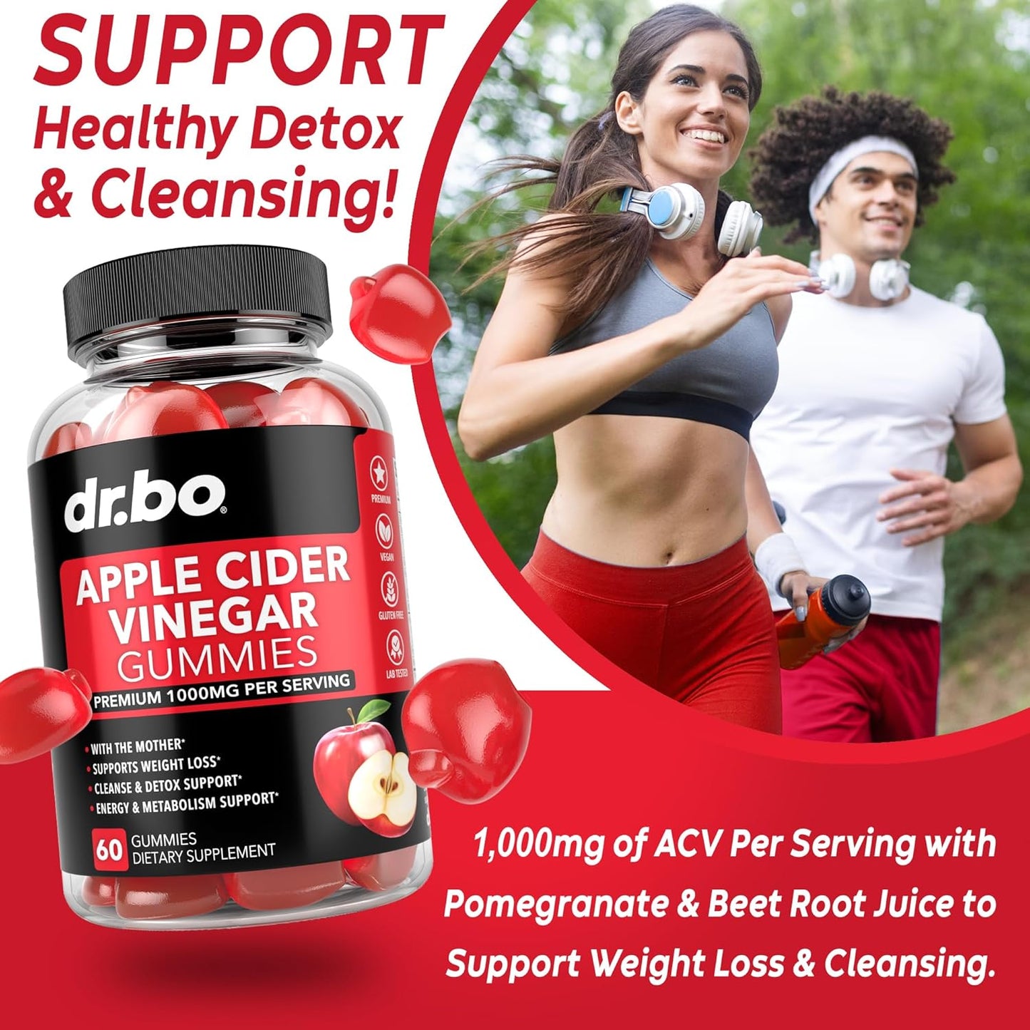 Dr. Bo Apple Cider Vinegar Gummies - Support for Weight Loss, Detox, Digestion, Gut Health - 1000MG ACV Gummy with The Mother - Natural Supplements