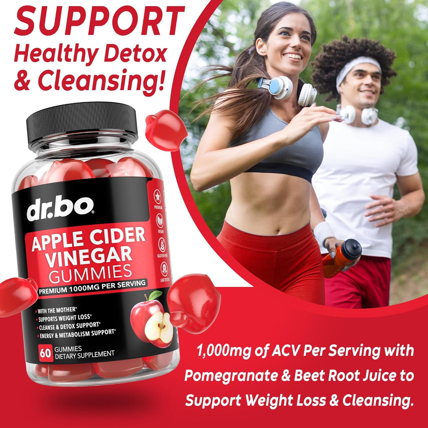 Dr. Bo Apple Cider Vinegar Gummies - Support for Weight Loss, Detox, Digestion, Gut Health - 1000MG ACV Gummy with The Mother - Natural Supplements