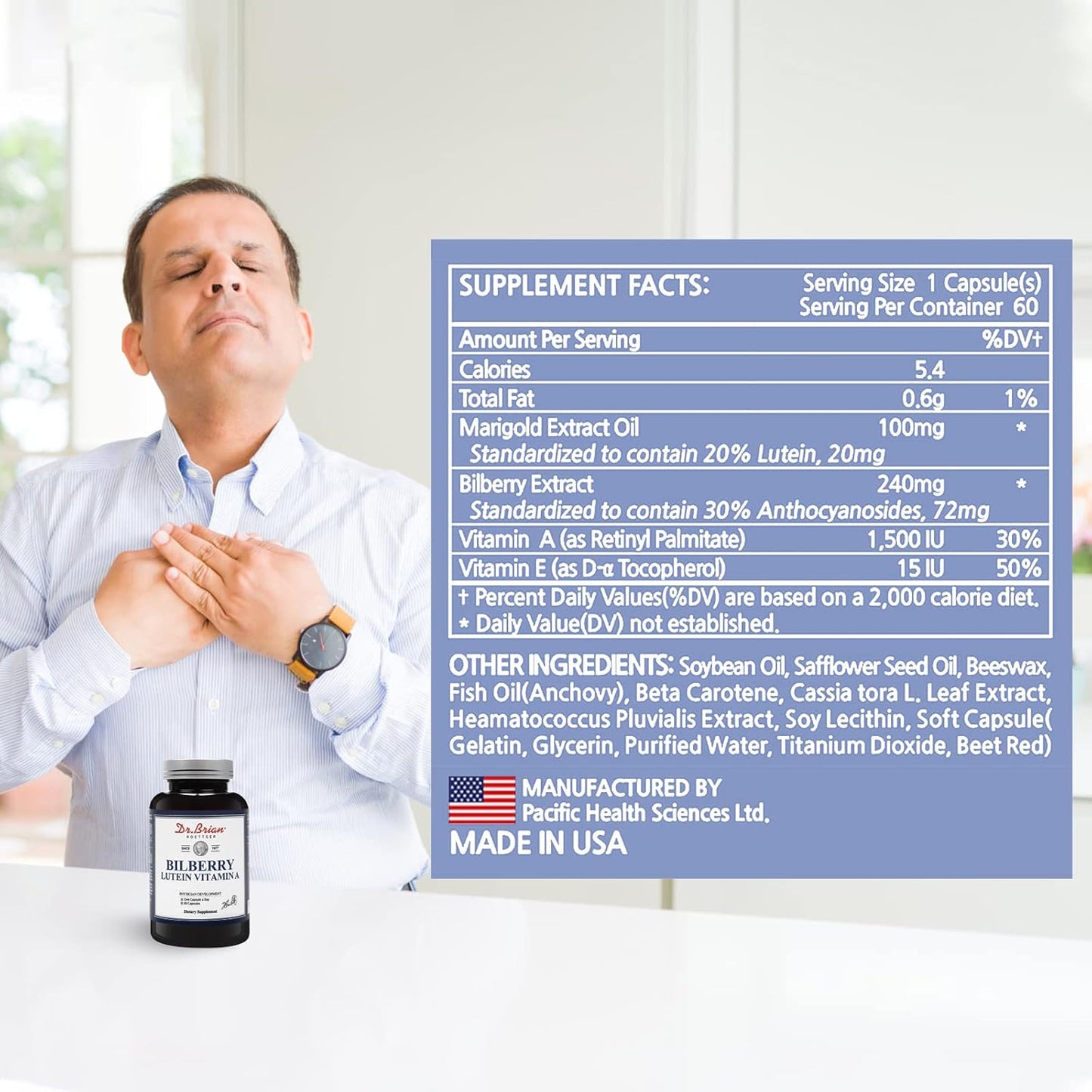 Dr. Brian Eye Vitamins Lutein Capsules with Bilberry Extract - 240mg Lutein, 20mg Vitamin A, 1500iu Vitamin E - Vision Health Support for Dry, Strained, and Aging Eyes
