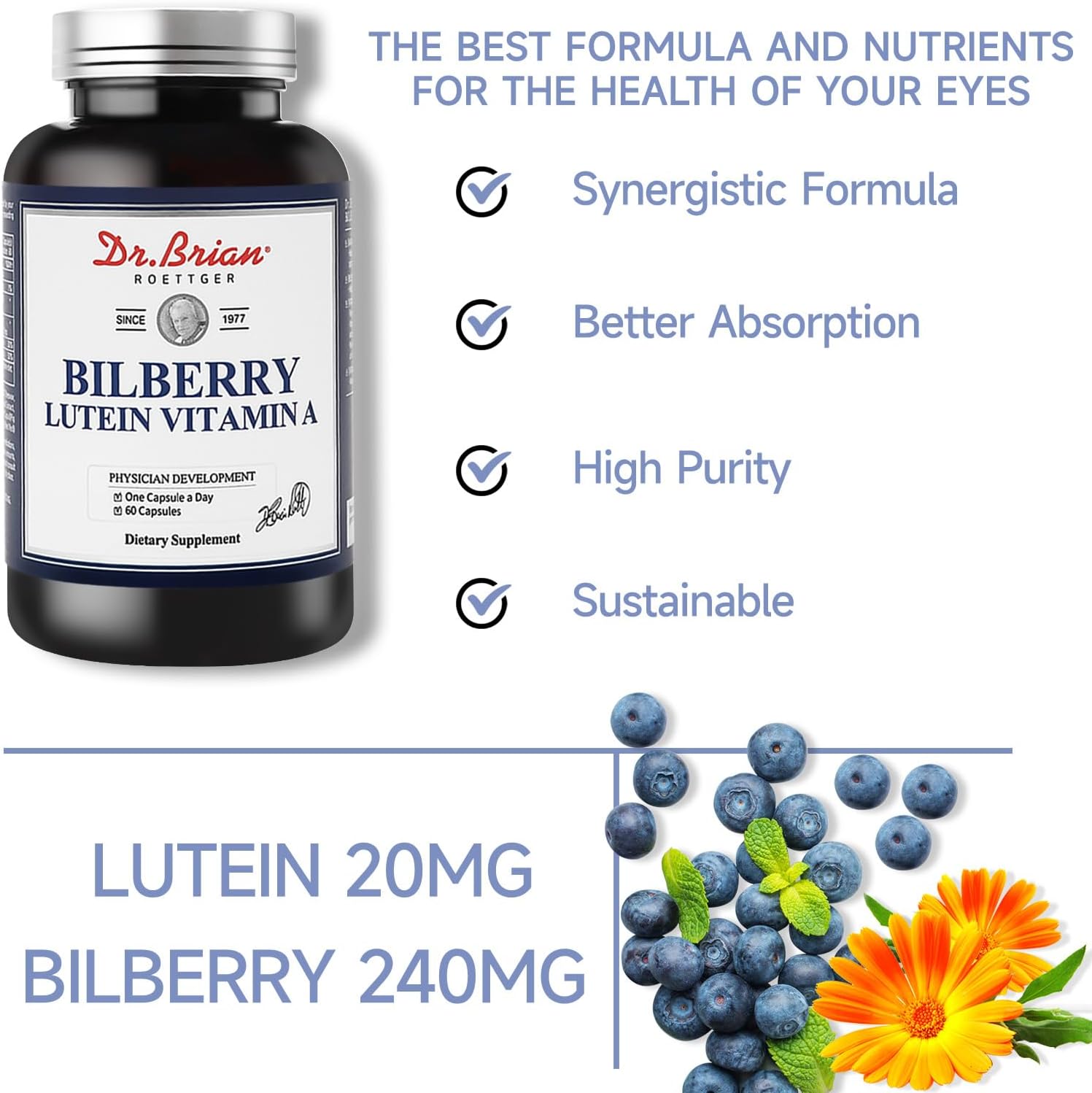 Dr. Brian Eye Vitamins Lutein Capsules with Bilberry Extract - 240mg Lutein, 20mg Vitamin A, 1500iu Vitamin E - Vision Health Support for Dry, Strained, and Aging Eyes