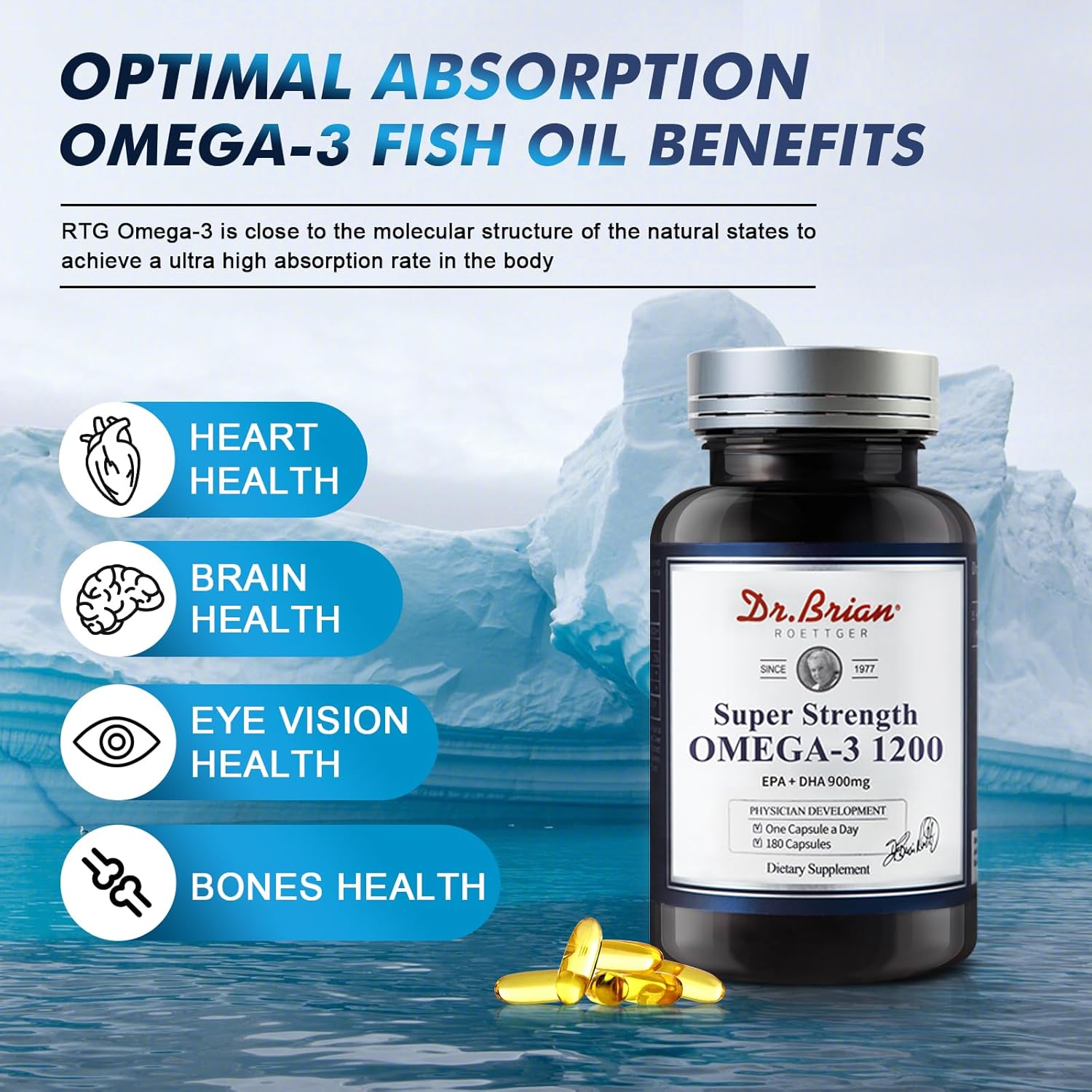 Dr. Brian Omega-3 Fish Oil Supplements for High Absorption with EPA, DHA, Fatty Acids, Triglyceride, Vitamin E - Lemon Flavor - 180 Softgels