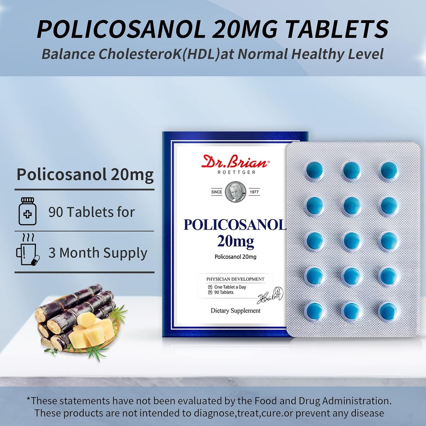Dr. Brian Roettger Policosanol 20mg Tablets for Heart & Cholesterol Health - Non-GMO, Gluten Free Vegetarian Formula