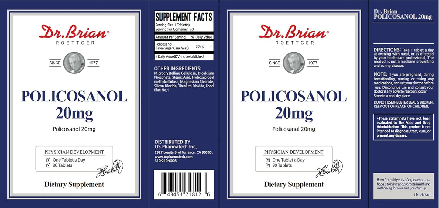 Dr. Brian Roettger Policosanol 20mg Tablets for Heart & Cholesterol Health - Non-GMO, Gluten Free Vegetarian Formula
