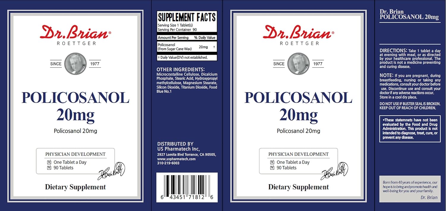 Dr. Brian Roettger Policosanol 20mg Tablets for Heart & Cholesterol Health - Non-GMO, Gluten Free Vegetarian Formula