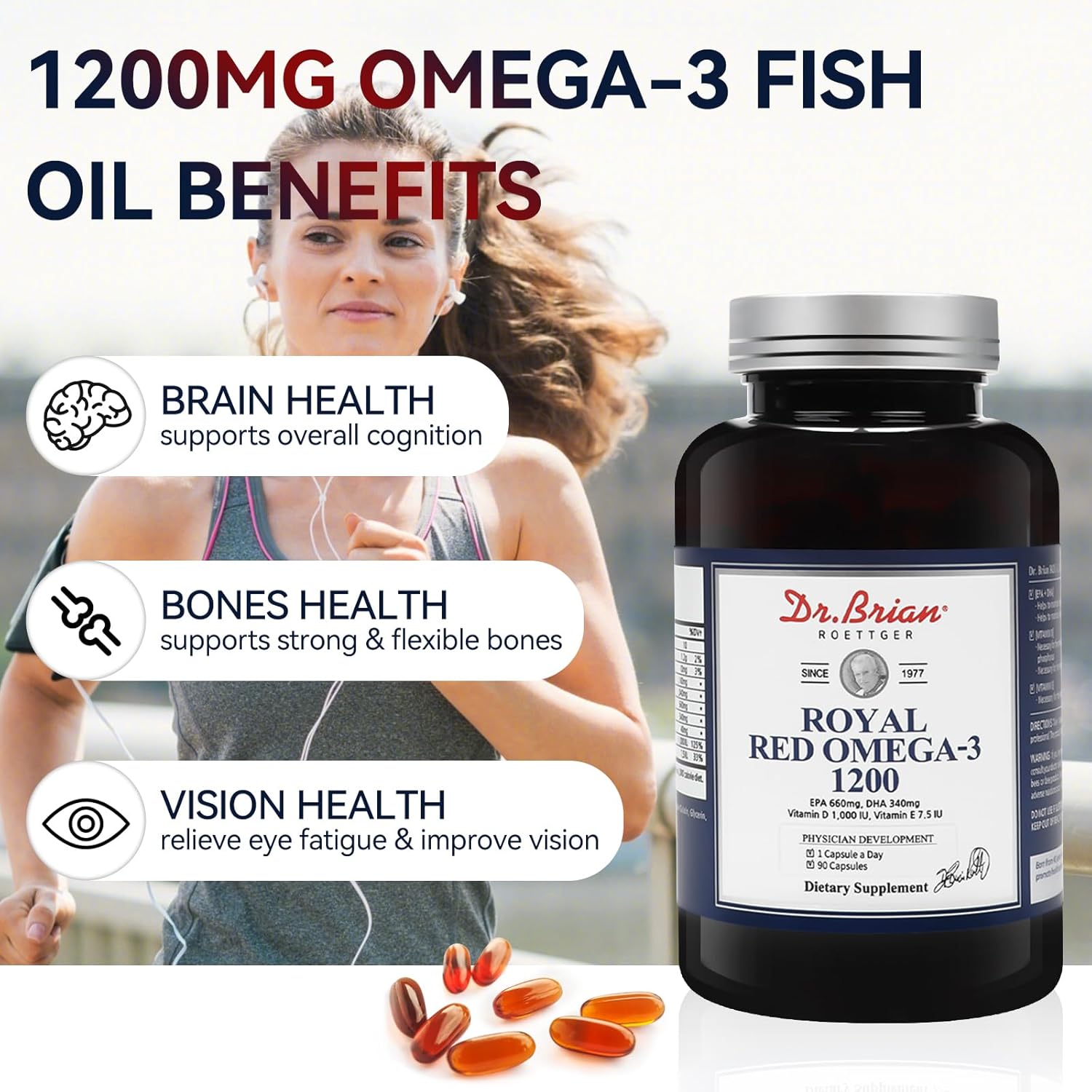 Dr. Brian Roettger Royal Red Omega 3 Fish Oil Supplement - 90 Soft Gels with EPA, DHA, Vitamin D & E for Physical Health