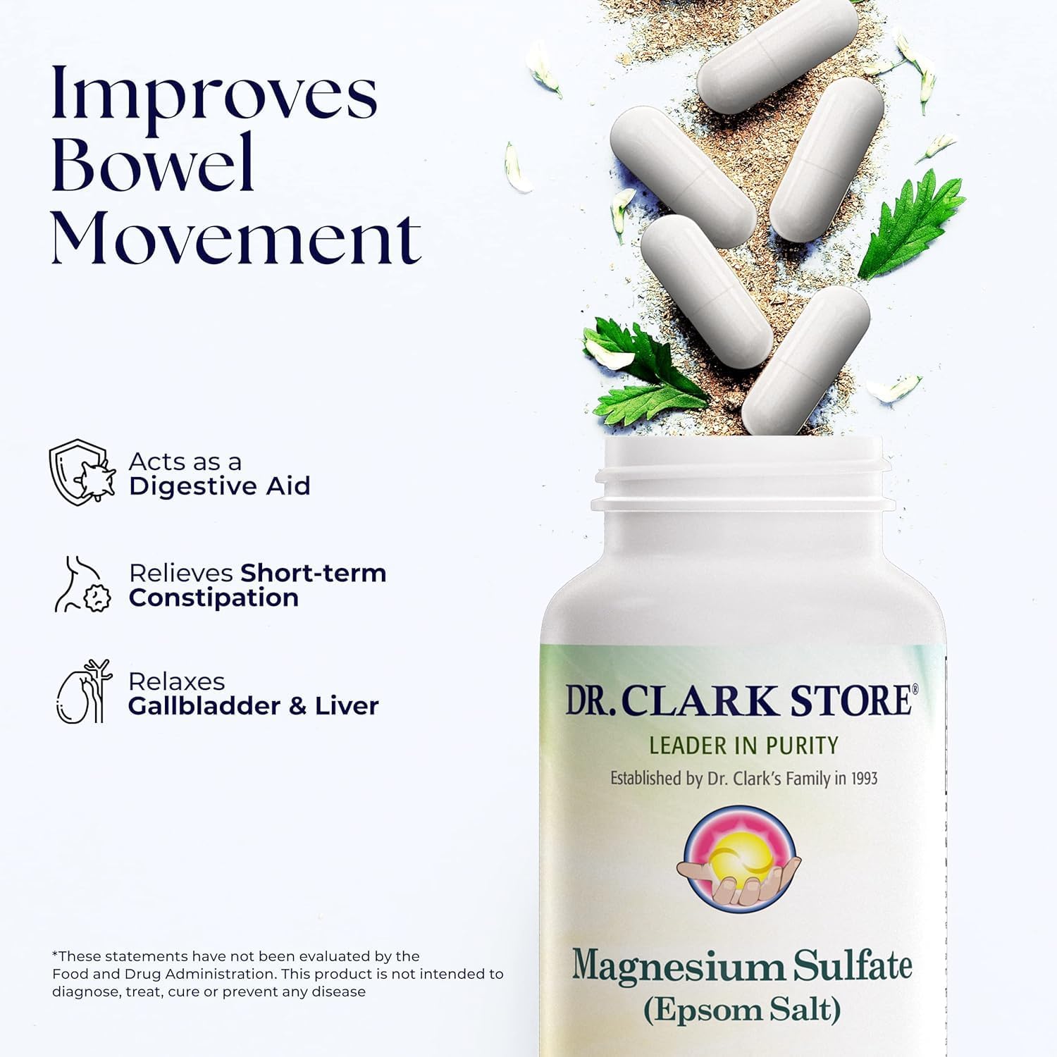 Dr. Clark Magnesium Sulfate USP (Epsom Salt) Capsules - 1030mg, Constipation Relief, Liver & Gallbladder Cleanse - 2 Pack