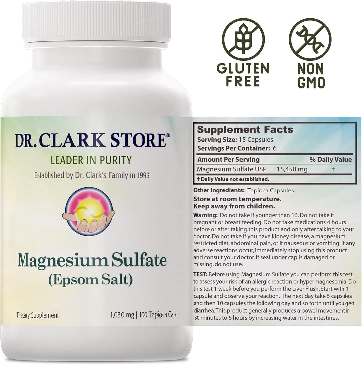 Dr. Clark Magnesium Sulfate USP (Epsom Salt) Capsules - 1030mg, Constipation Relief, Liver & Gallbladder Cleanse - 2 Pack