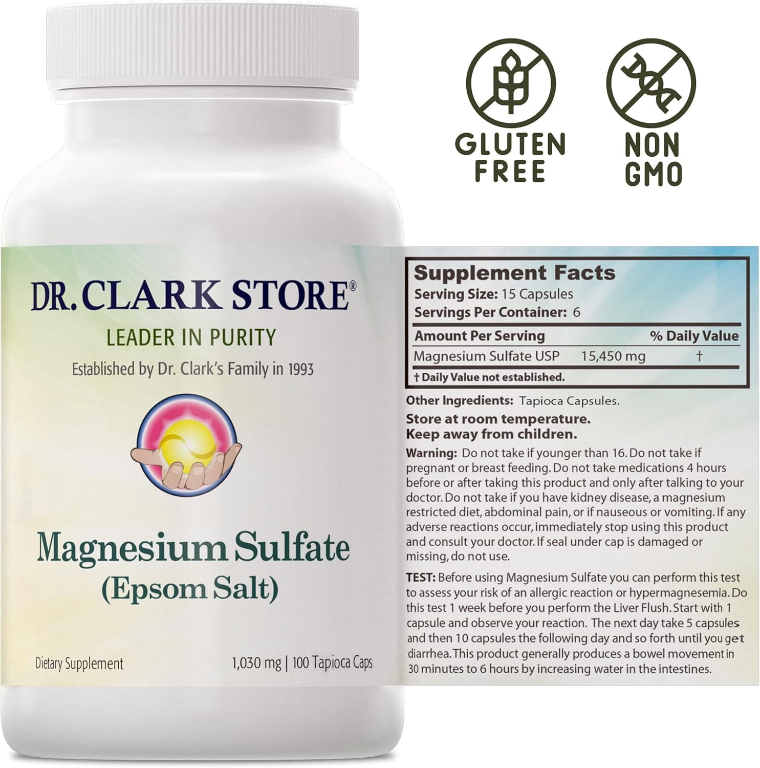 Dr. Clark Magnesium Sulfate USP (Epsom Salt) Capsules - 1030mg, Constipation Relief, Liver & Gallbladder Cleanse - 2 Pack