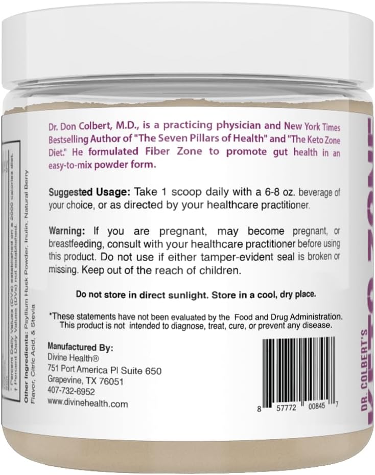 Dr Colbert MD Berry Fiber Zone Powder - Prebiotics, Soluble & Insoluble Fiber - Psyllium Husk & Inulin - 6g Fiber - 9.52 oz - Healthy Gut Zone Book Recommended
