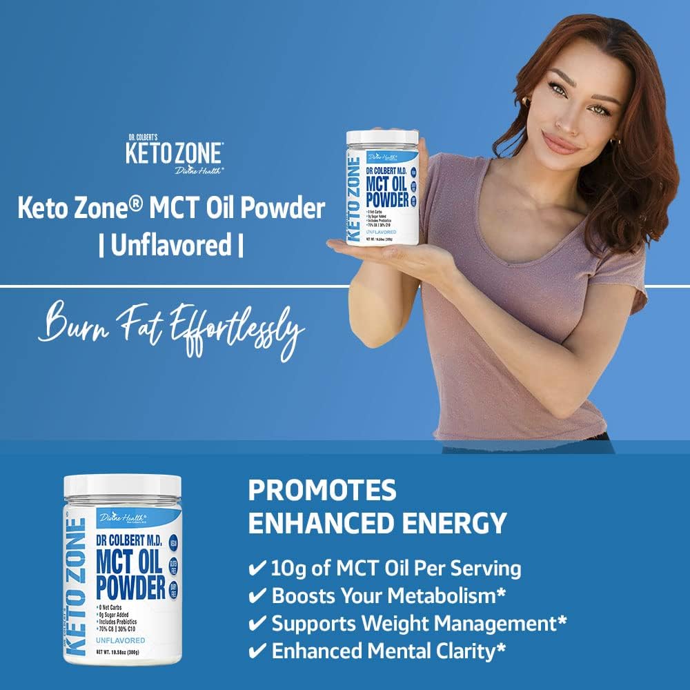 Dr. Colbert's Keto Zone MCT Oil Powder - Unflavored, 70% C8, 30% C10, 0 Net Carbs - 30 Day Supply of 300g - Gluten Free