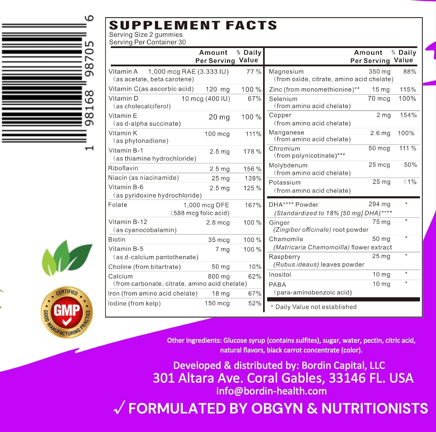 Dr. Contarin's Bordin Health Prenatal Gummies with Folic Acid, Iron, Minerals, and DHA