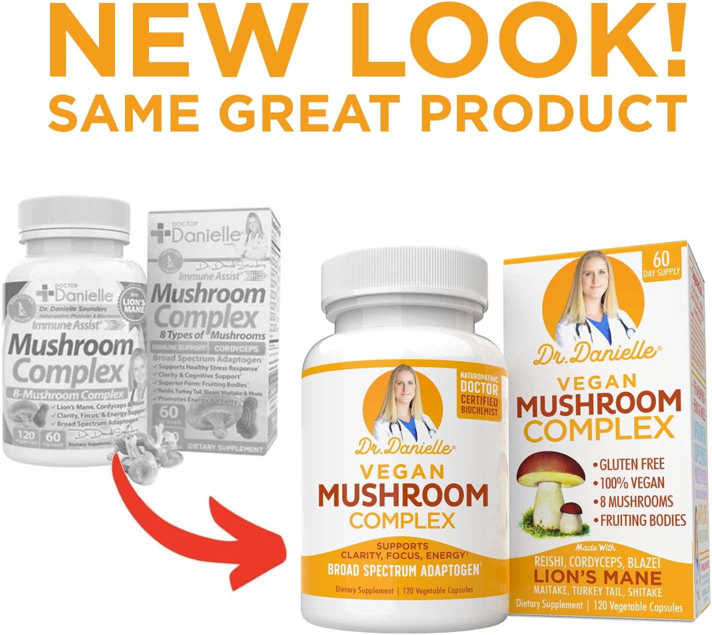 Dr. Danielle Organic Mushroom Complex - Immune Boost & Stress Relief - Lion's Mane, Cordyceps, Reishi - Adaptogen Supplement - Memory & Cognitive Support - 120 Capsules