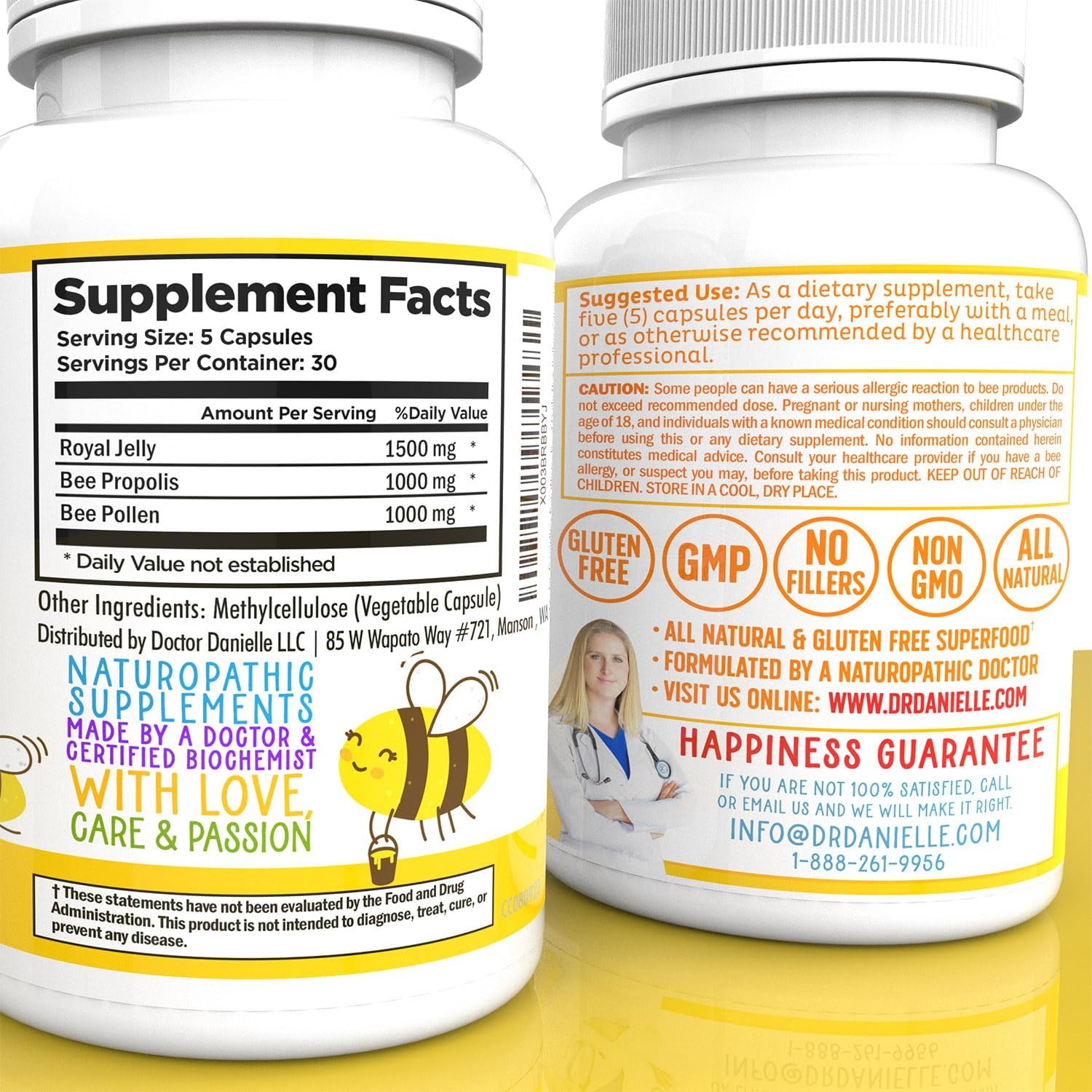 Dr. Danielle's Bee Wise: Bee Pollen Supplement with Royal Jelly, Propolis, & Beepollen - 4 Daily Capsules for Wellness