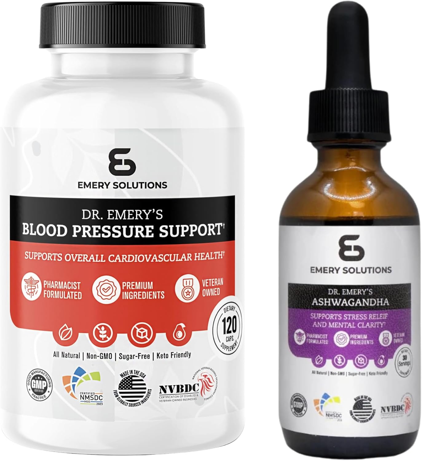 Dr Emery's Blood Pressure Support Bundle: Capsules & Ashwagandha Drops with Magnesium, D3, Potassium, Zinc - Vegan & Sugar-Free