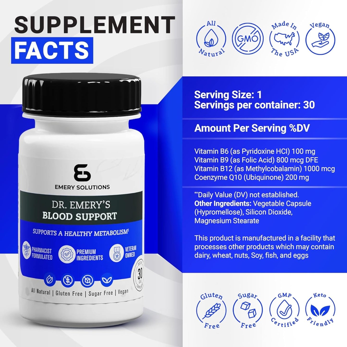 Dr Emery's Blood Pressure Support Capsules with Magnesium, D3, Potassium, CoQ10, B6, B9, B12, Vitamins, and Zinc - Vegan and Sugar-Free