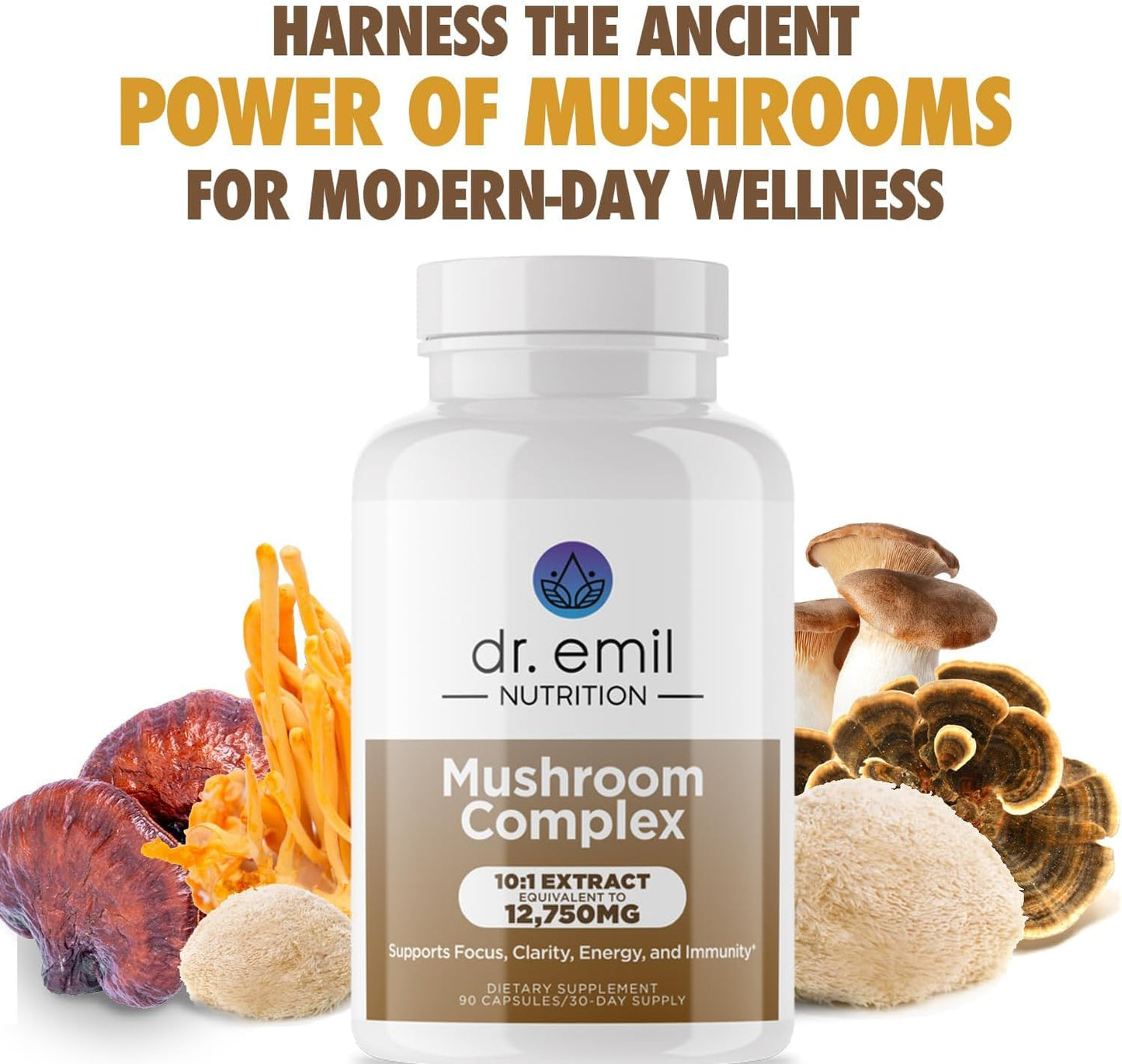Dr. Emil Nutrition 10 Mushroom Nootropic Supplement for Mental Clarity, Focus & Immune Support - Lions Mane Extract, Cordyceps, Turkey Tail & More