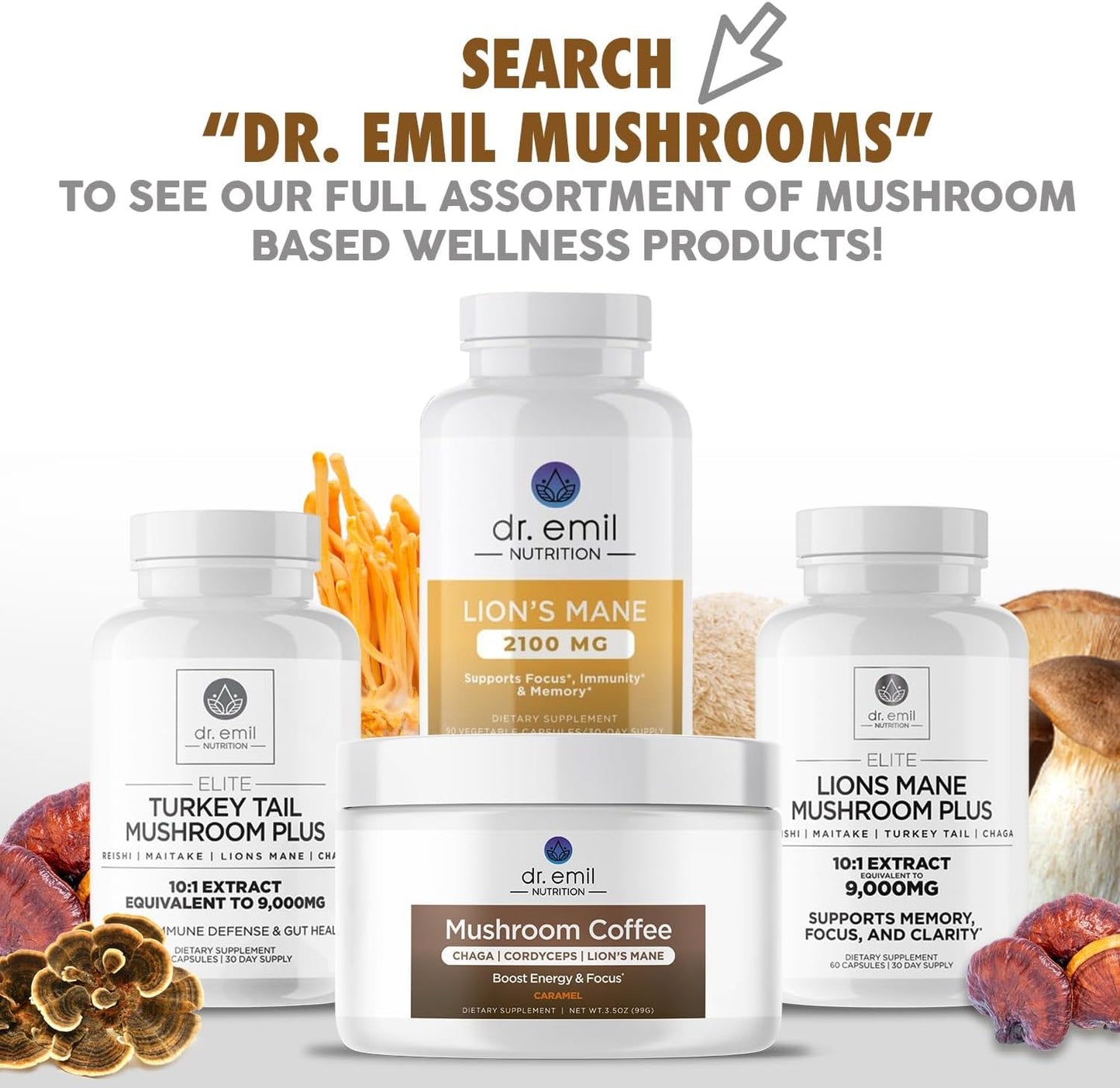 Dr. Emil Nutrition 10 Mushroom Nootropic Supplement for Mental Clarity, Focus & Immune Support - Lions Mane Extract, Cordyceps, Turkey Tail & More