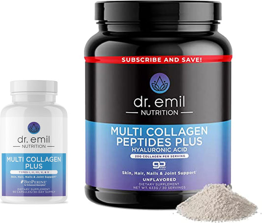 Dr. Emil Nutrition Collagen Bundle - Double the Benefits for Hair, Skin & Nails - Collagen Peptide Pills & Powder (30 Servings)