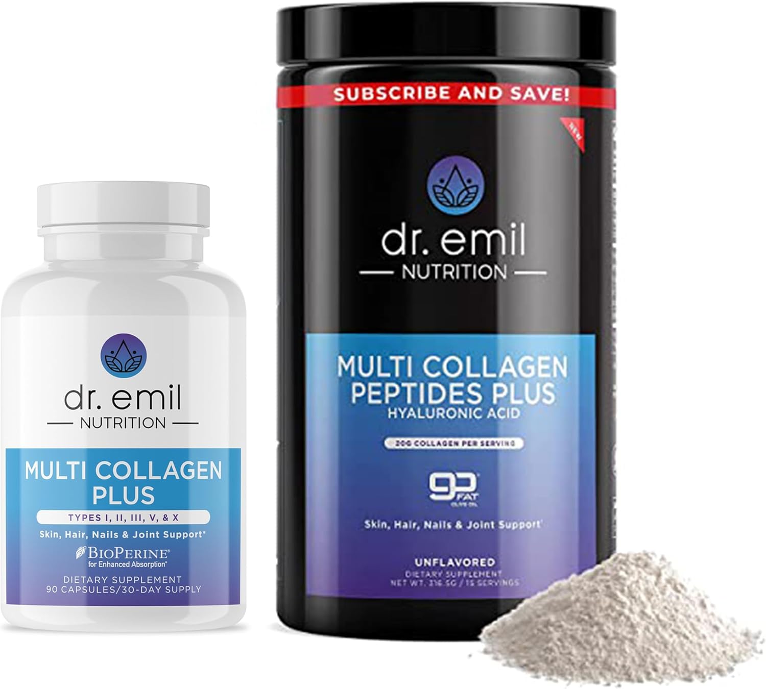 Dr. Emil Nutrition Complete Multi Collagen Bundle - Enhance Hair, Skin & Nails with Collagen Peptide Pills & Powder - 15 Servings