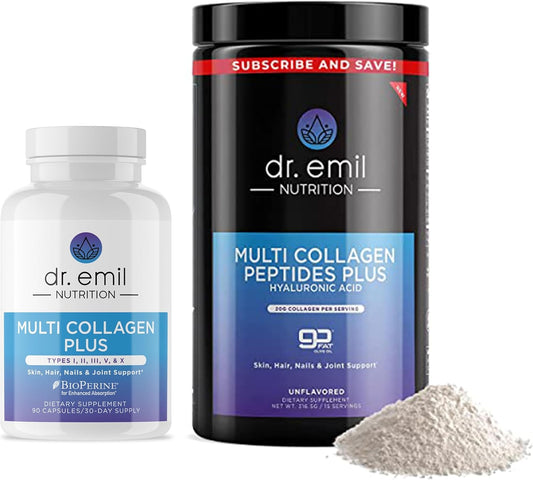 Dr. Emil Nutrition Complete Multi Collagen Bundle - Enhance Hair, Skin & Nails with Collagen Peptide Pills & Powder - 15 Servings