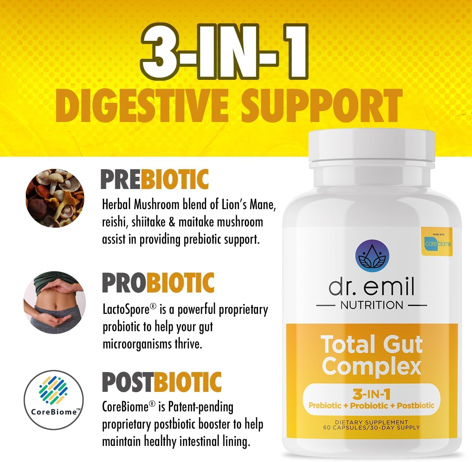 Dr. Emil Nutrition Total Gut Health Complex - Prebiotic, Probiotic, Postbiotic Supplements for Digestive Health - 120 Capsules for Men and Women