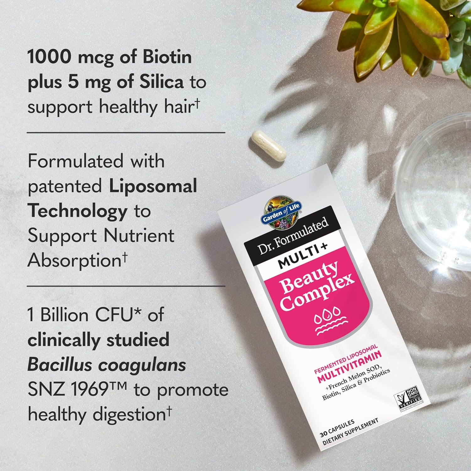 Dr. Formulated Multi+ Beauty Complex: Liposomal Multivitamin for Hair, Skin, Nails - French Melon SOD, Biotin, Probiotics - 30 Capsules