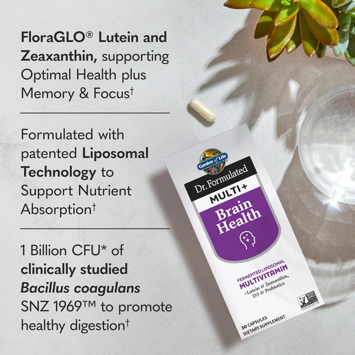 Dr. Formulated Multi+ Brain Health Capsules with Lutein, Zeaxanthin, Vitamin D3, and Probiotics for Memory, Focus, Digestive, and Immune Support