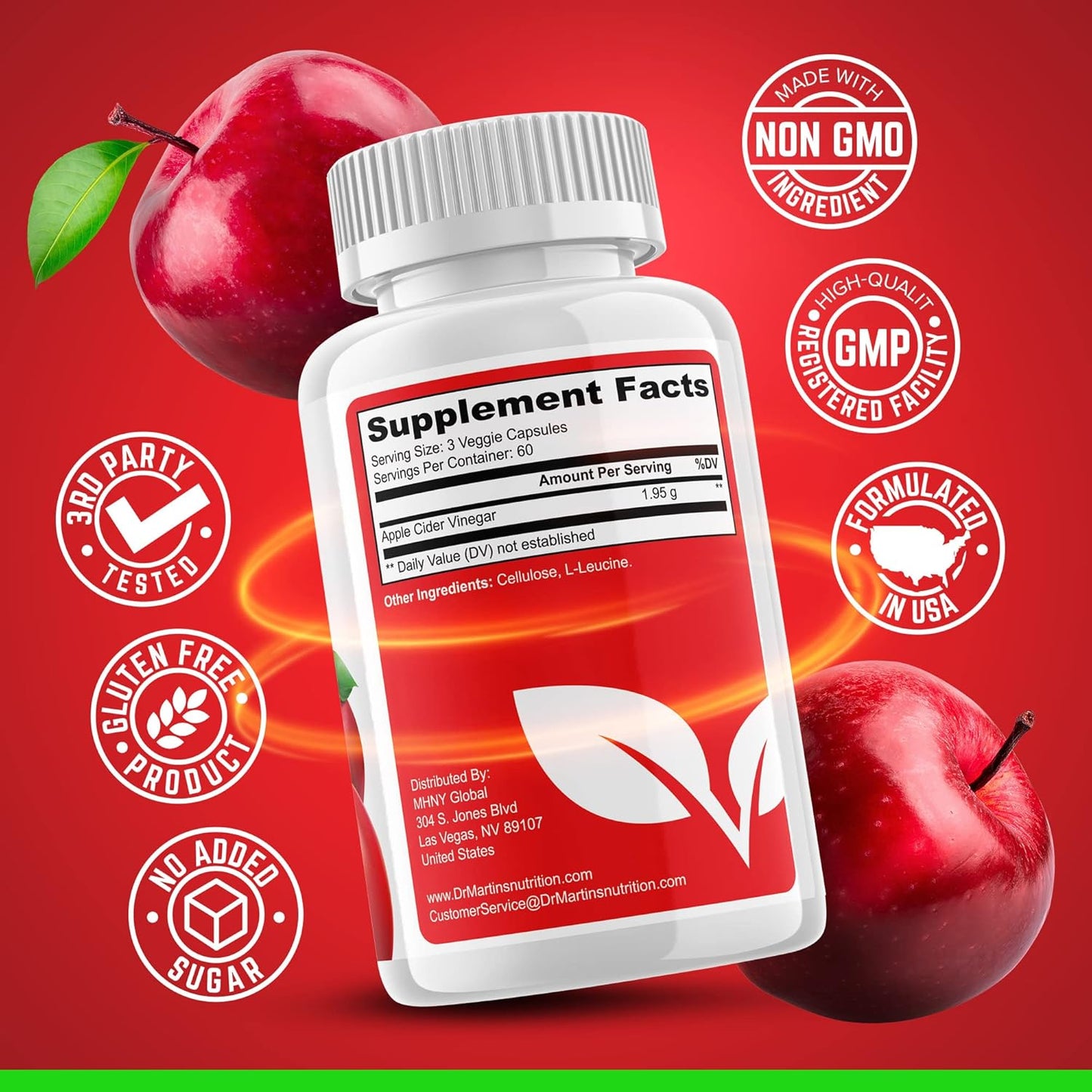 Dr. Martin's Nutrition 1950mg Apple Cider Vinegar Capsules for Healthy Metabolism & Digestion | 180 Pills, Non-GMO, Gluten Free - 100% Natural & Raw