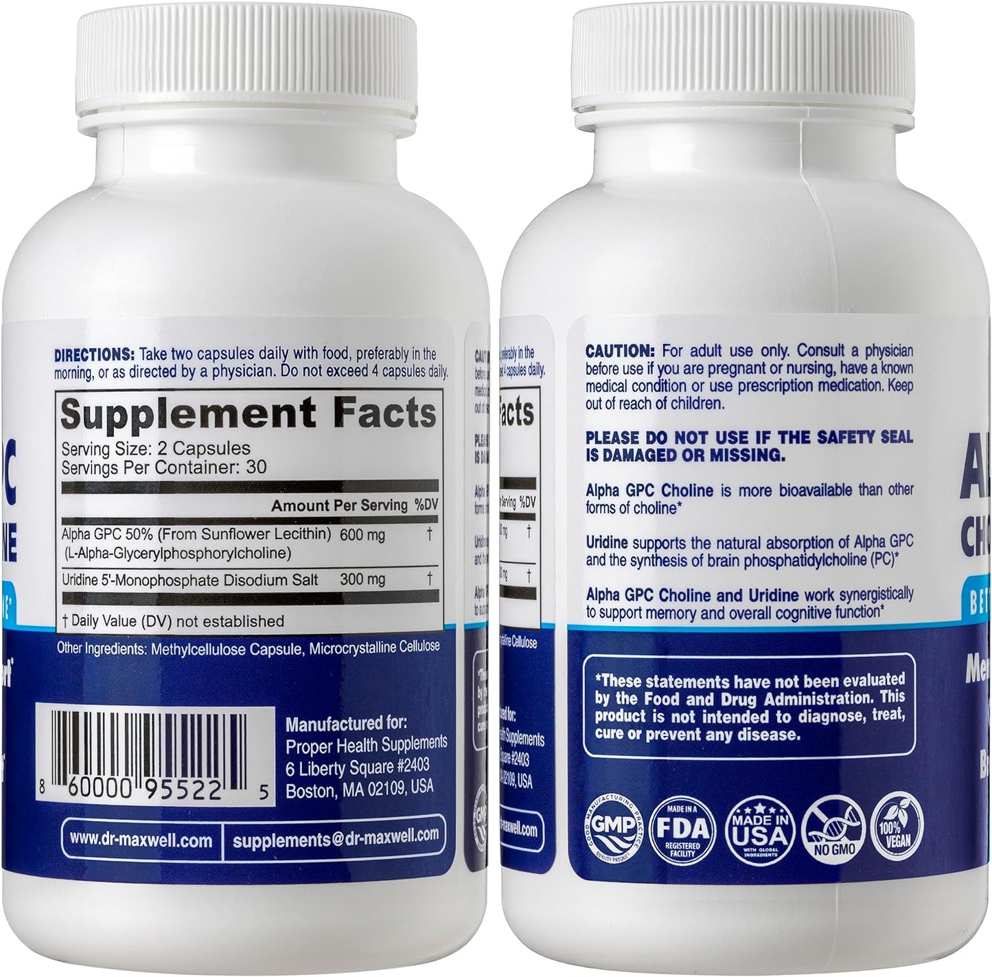 Dr. Maxwell Alpha GPC 600mg + Uridine: Ultimate Choline Enhancer with Acetylcholine Precursor - 2in1, Soy Free, No Fillers - 60 Pills