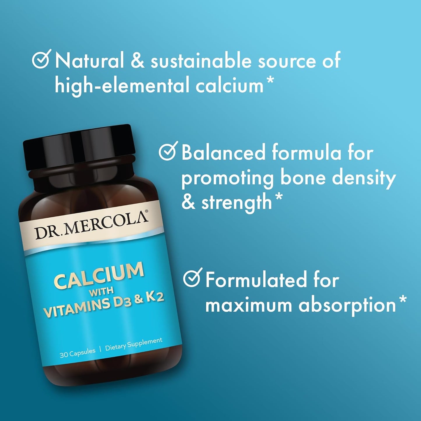 Dr. Mercola Calcium with Vitamins D3 & K2 Supplement for Bone and Organ Health - 30 Capsules, Non GMO