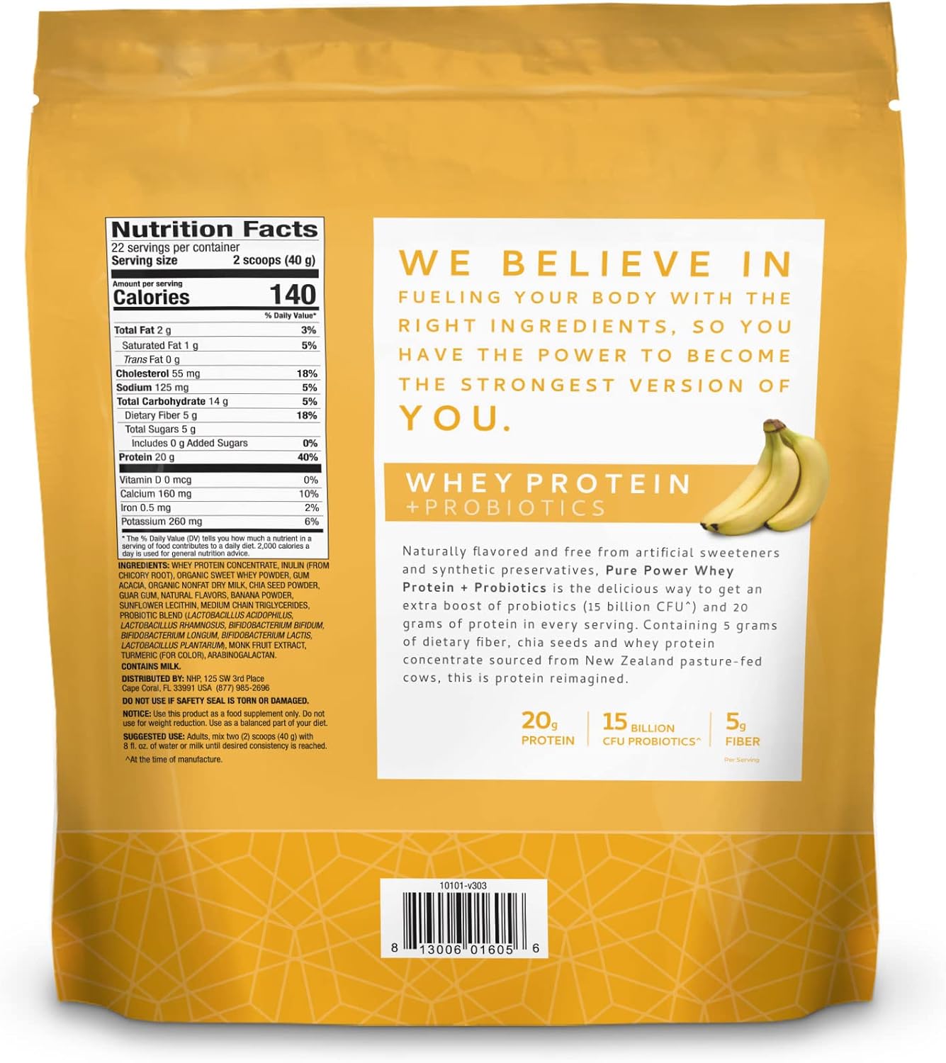 Dr. Mercola Pure Power Banana Whey Protein Powder - 22 Servings, 1 lb 15 oz - Non GMO, Gluten Free, Soy Free