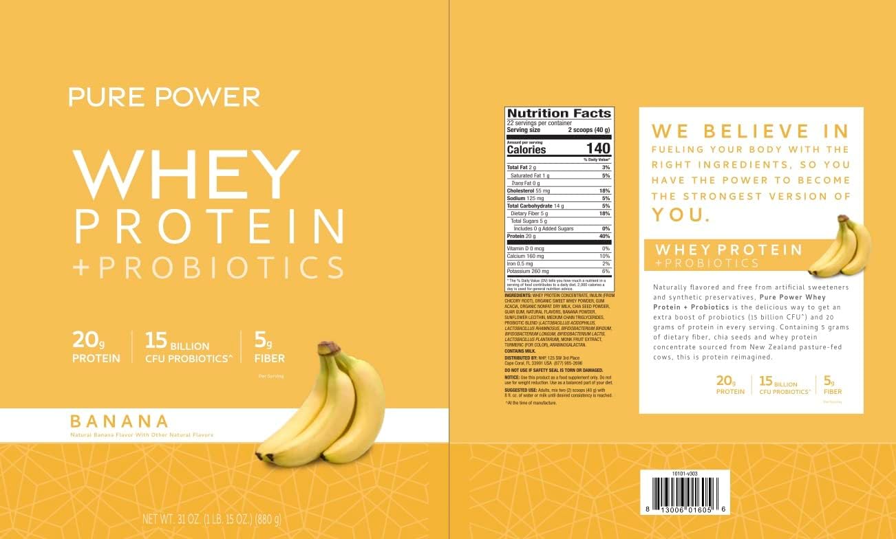 Dr. Mercola Pure Power Banana Whey Protein Powder - 22 Servings, 1 lb 15 oz - Non GMO, Gluten Free, Soy Free
