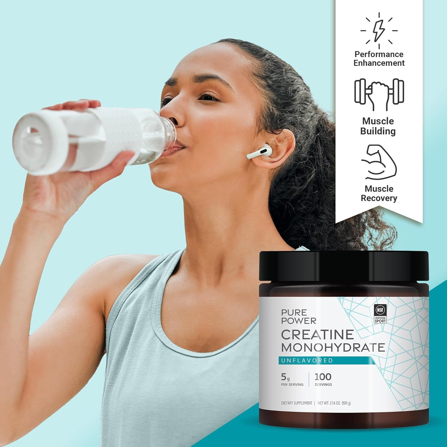 Dr. Mercola Pure Power Creatine Monohydrate - Unflavored, 17.6 oz (500g) - 100 Servings - Non-GMO - NSF Certified - 5g Per Serving
