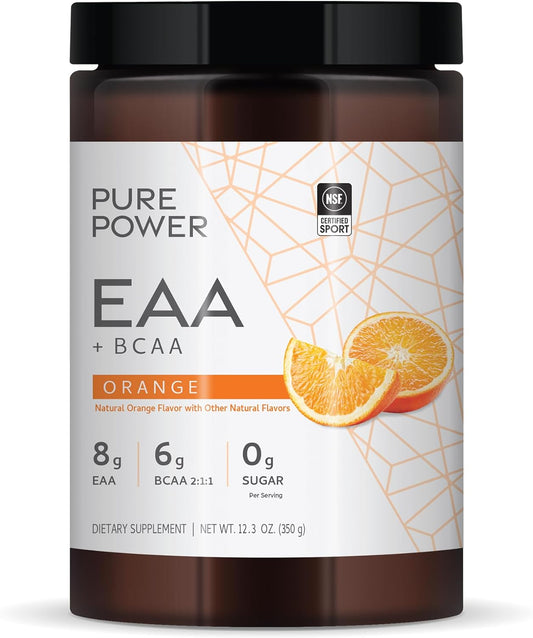 Dr. Mercola Pure Power Essential Amino Acids with BCAA, Orange Flavor, 12.3 oz - Non-GMO, NSF Certified for Sport