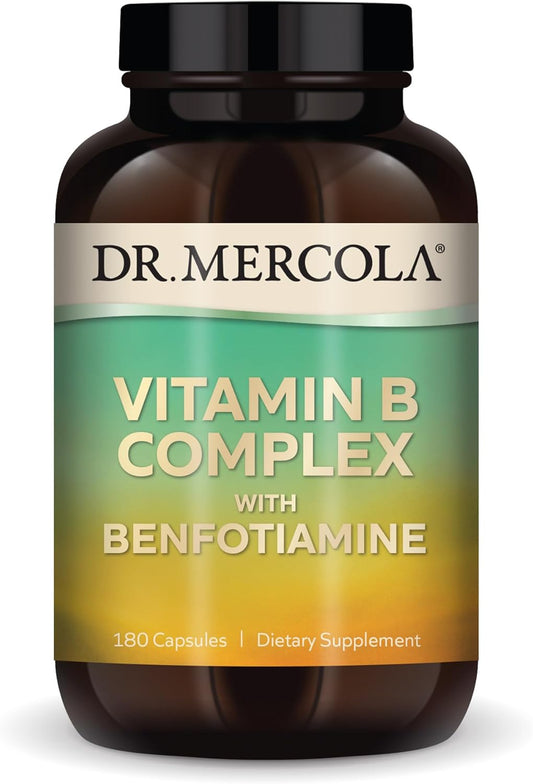 Dr. Mercola Vitamin B Complex Capsules - 90 Servings, Supports Energy Production, Non-GMO Formula with Benfotiamine