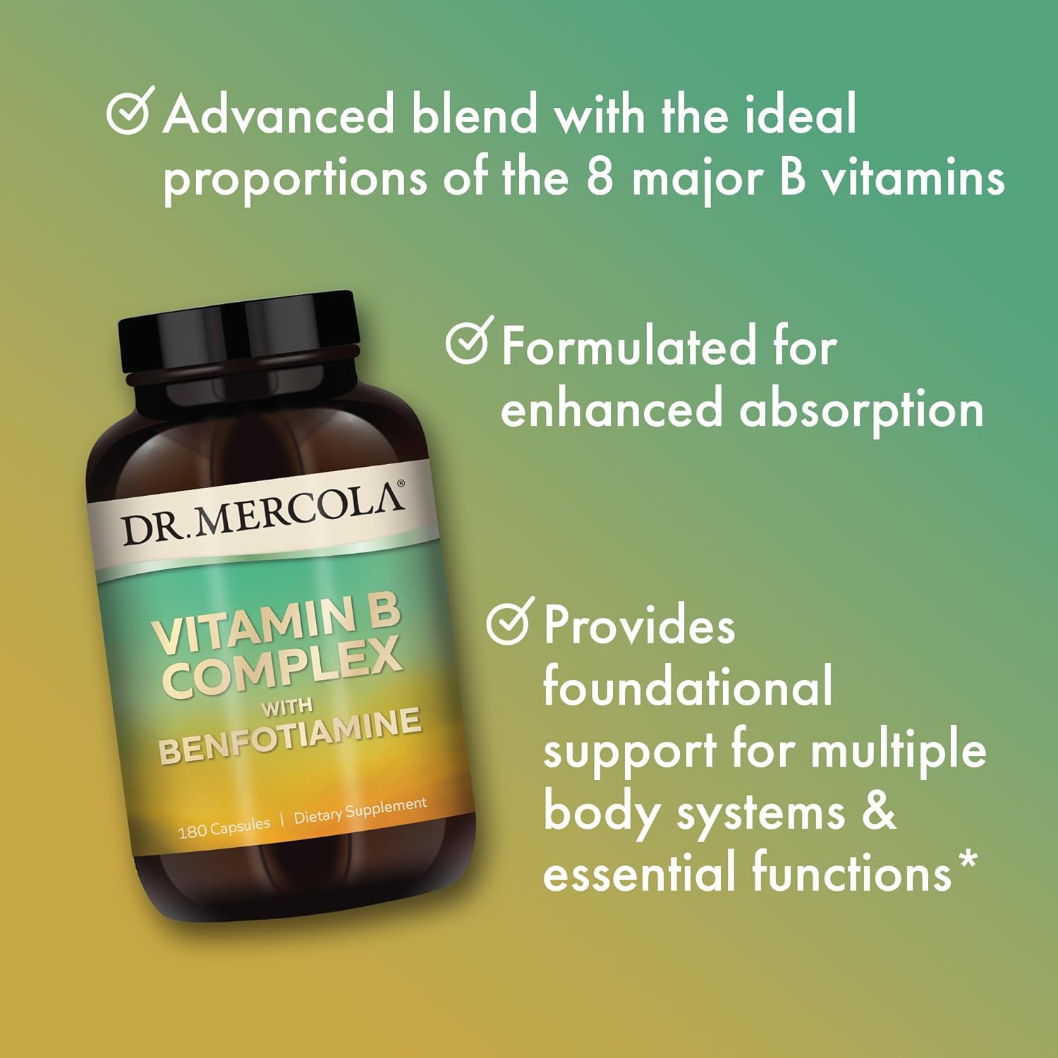 Dr. Mercola Vitamin B Complex Capsules - 90 Servings, Supports Energy Production, Non-GMO Formula with Benfotiamine