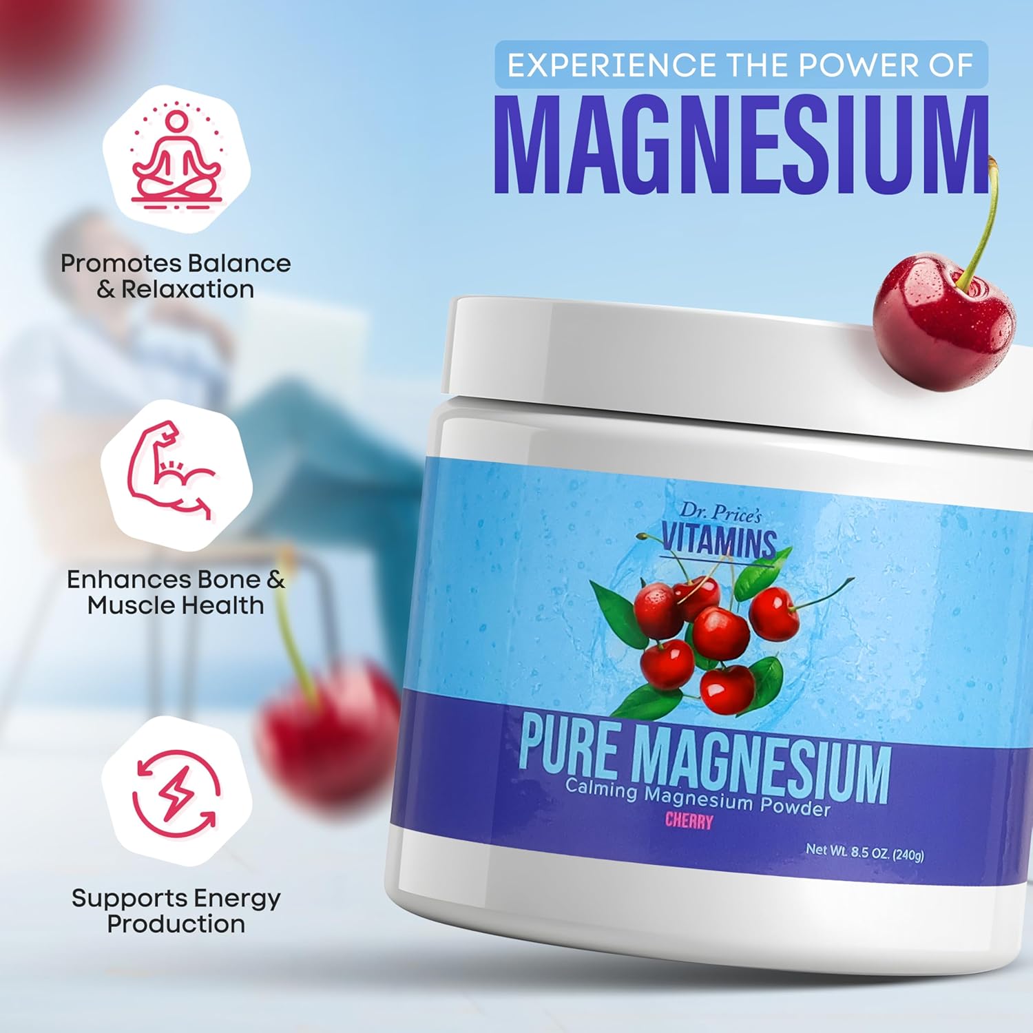 Dr. Price's Calming Magnesium Powder: Pure, Natural Anti-Stress Supplement - 60 Servings - Cherry Flavor - Non-GMO & Gluten Free