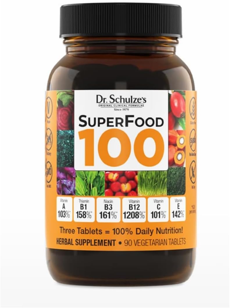 Dr. Schulze's Superfood 100 Tablets - Herbal Vitamin & Mineral Concentrate for Daily Nutrition & Energy Boost - Gluten-Free, Non-GMO, Vegan & Organic - 90 Count