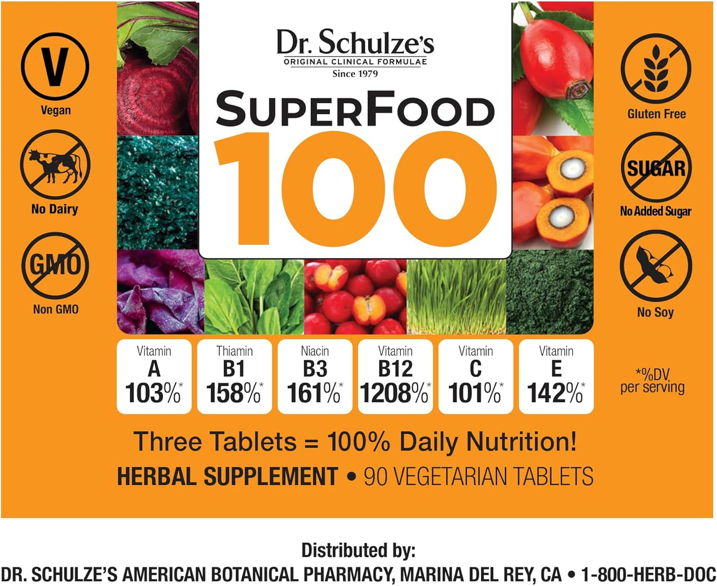 Dr. Schulze's Superfood 100 Tablets - Herbal Vitamin & Mineral Concentrate for Daily Nutrition & Energy Boost - Gluten-Free, Non-GMO, Vegan & Organic - 90 Count