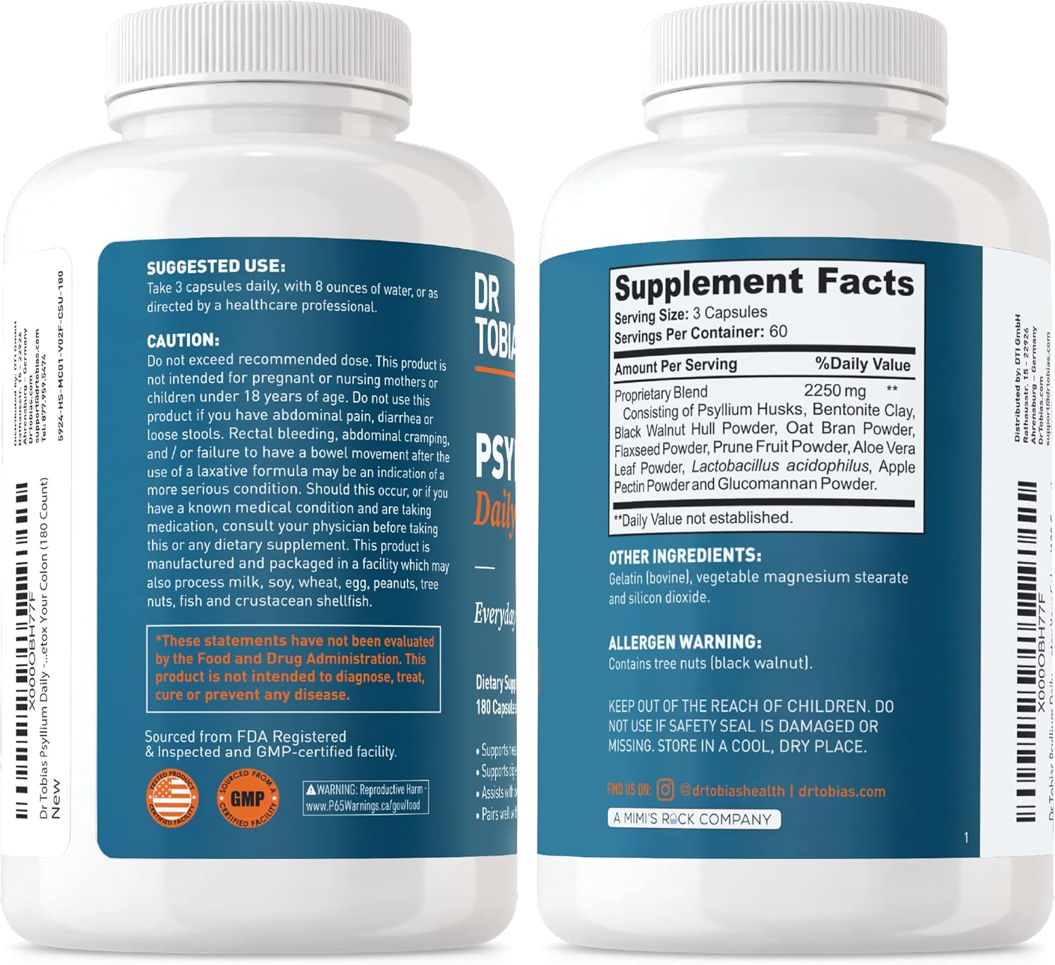 Dr. Tobias Psyllium Daily Fiber Supplement for Healthy Bowel Movement - 180 Capsules