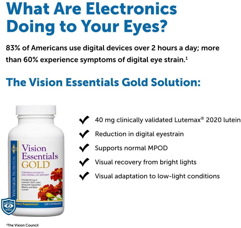 Dr. Whitaker Vision Essentials Gold: Eye Health Supplement with Lutein, Vitamin A, and Zeaxanthin - 360 Capsules for Macular Health and Blue Light Protection