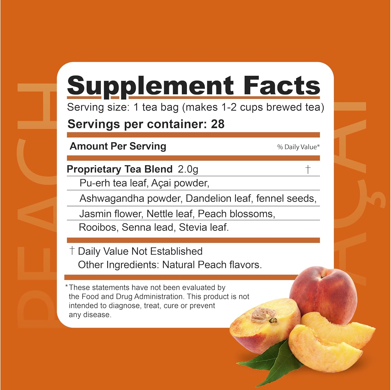 Dr. Zisman ZT Slimming Tea - Peach and Acai Blend with Ashwagandha and Rooibos - 28 Day Wellness Tea Bags
