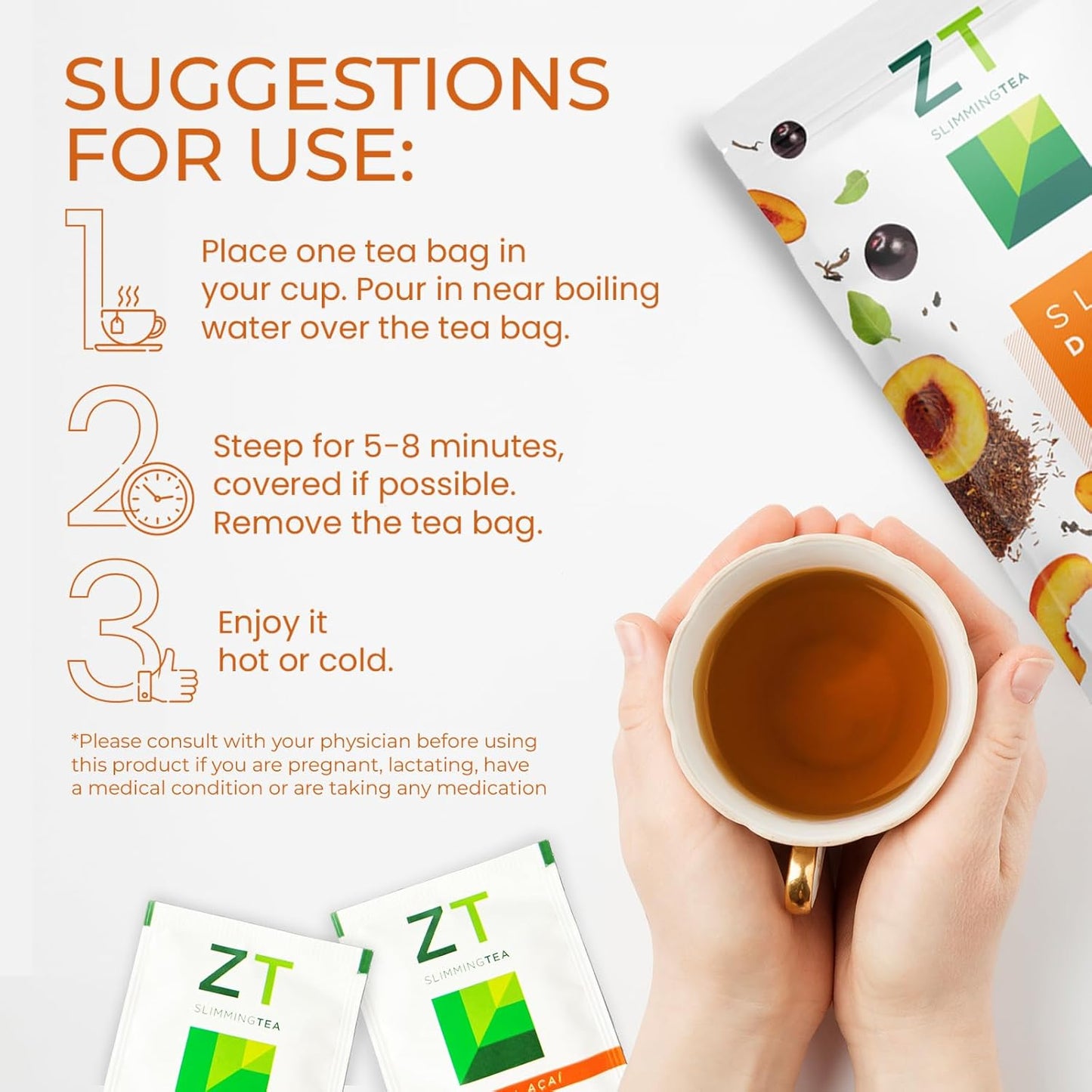 Dr. Zisman ZT Slimming Tea - Peach and Acai Blend with Ashwagandha and Rooibos - 28 Day Wellness Tea Bags