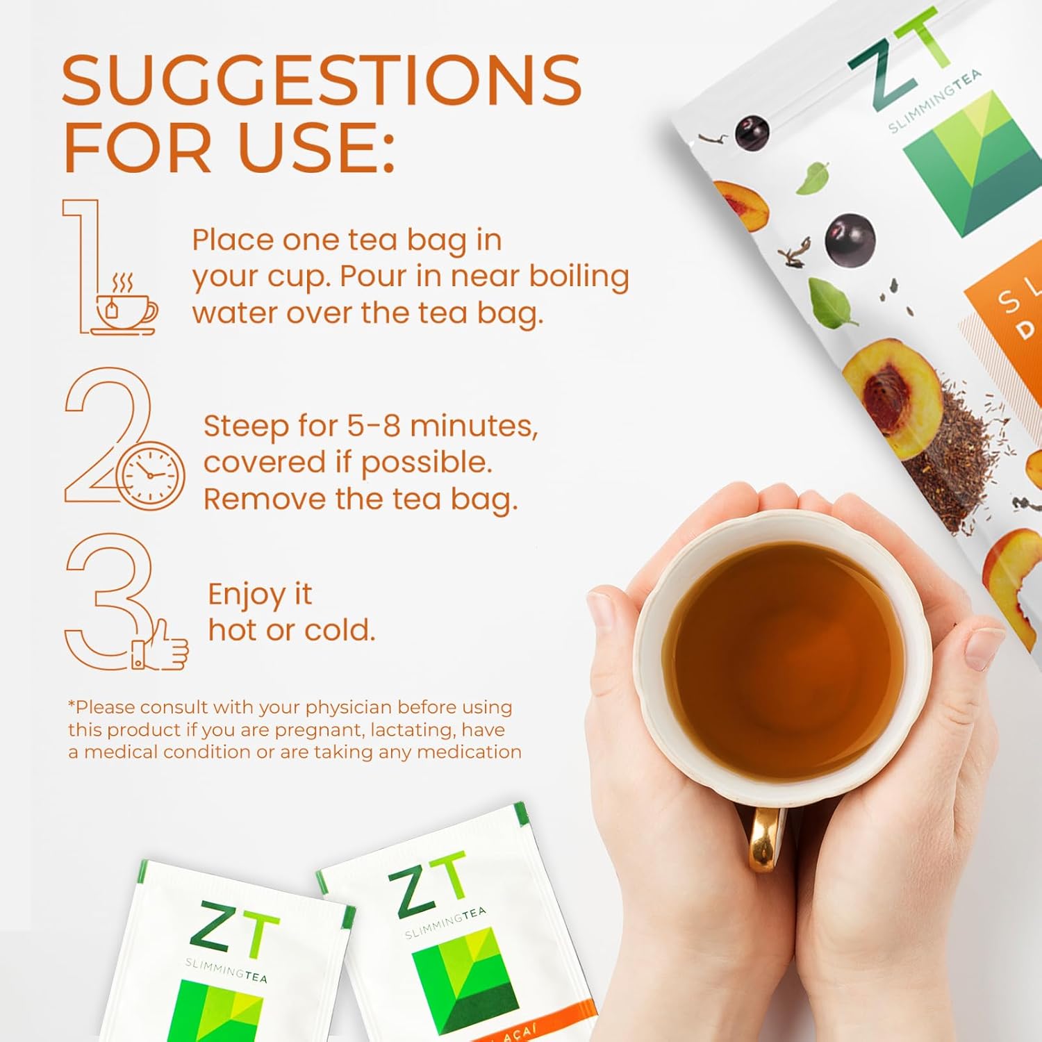 Dr. Zisman ZT Slimming Tea - Peach and Acai Blend with Ashwagandha and Rooibos - 28 Day Wellness Tea Bags