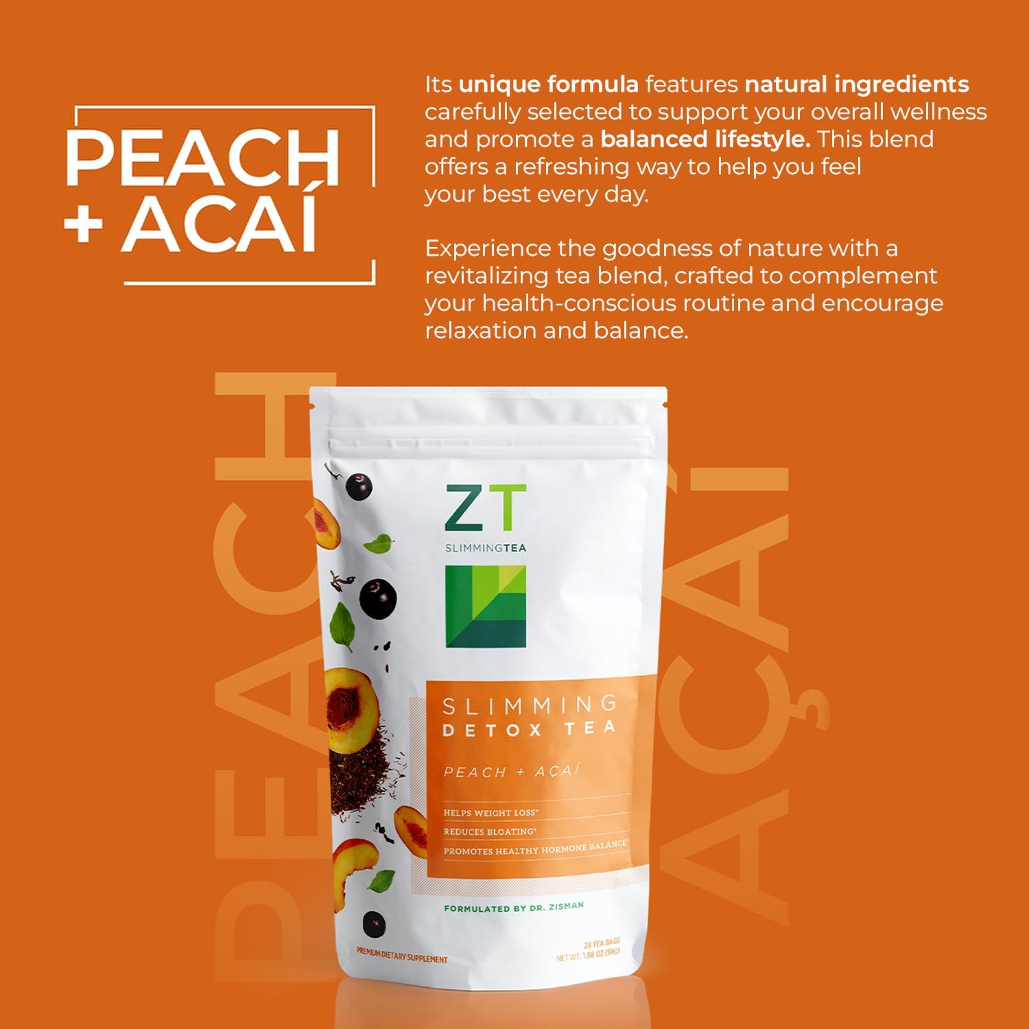 Dr. Zisman ZT Slimming Tea - Peach and Acai Blend with Ashwagandha and Rooibos - 28 Day Wellness Tea Bags