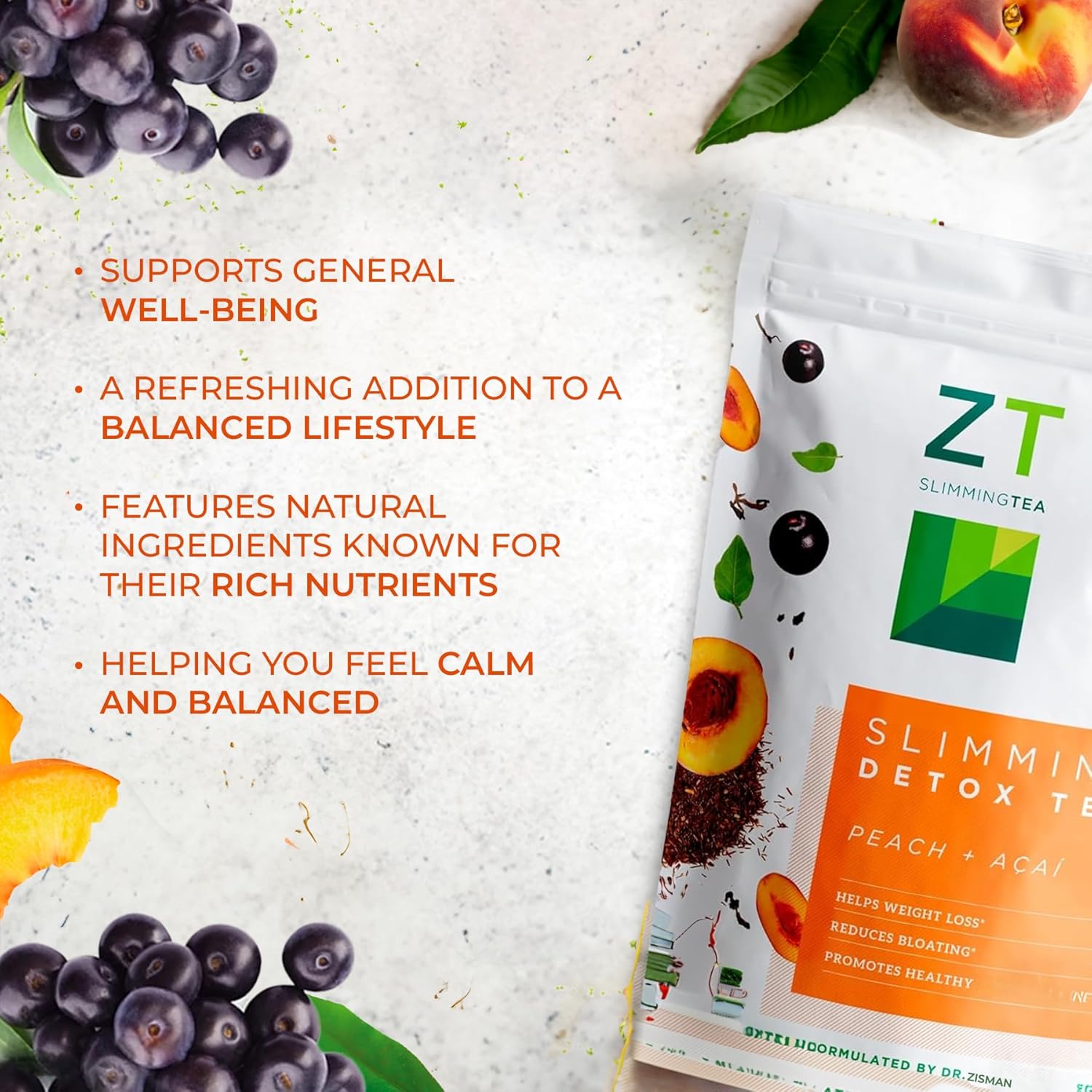 Dr. Zisman ZT Slimming Tea - Peach and Acai Blend with Ashwagandha and Rooibos - 28 Day Wellness Tea Bags