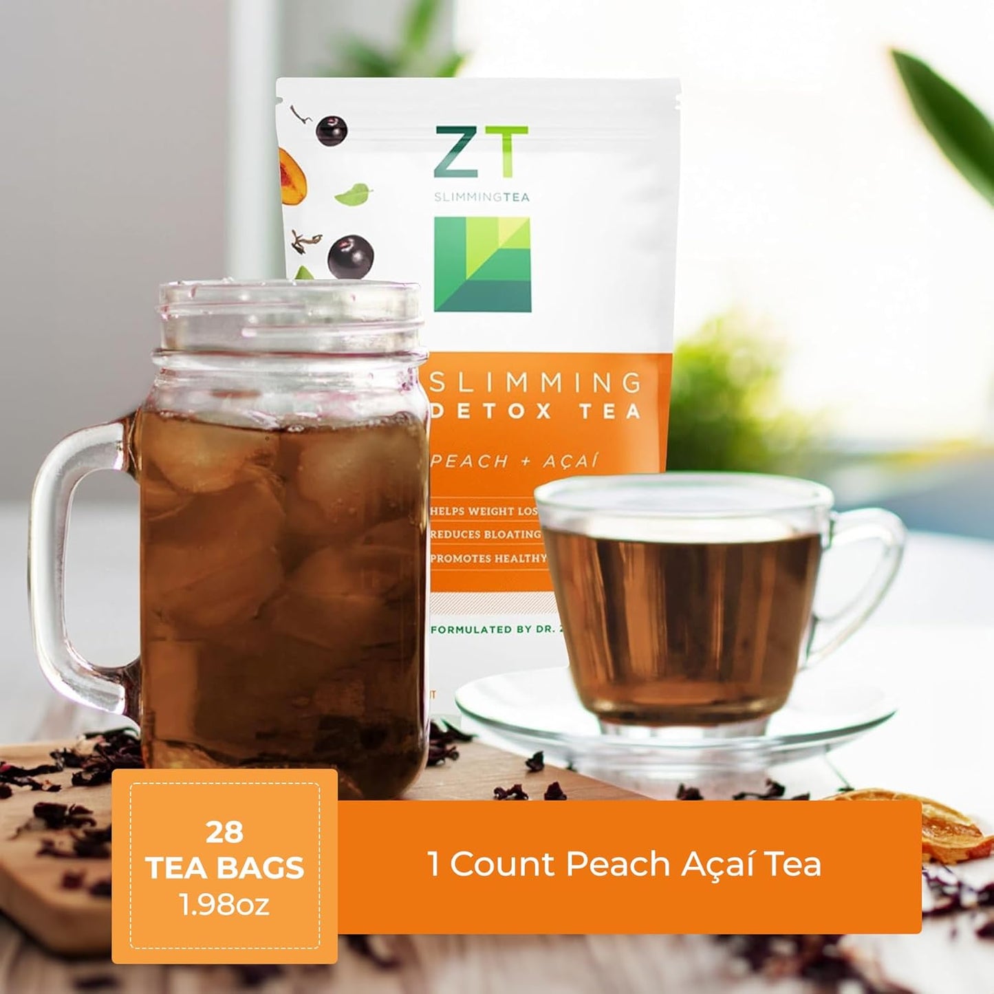 Dr. Zisman ZT Slimming Tea - Peach and Acai Blend with Ashwagandha and Rooibos - 28 Day Wellness Tea Bags