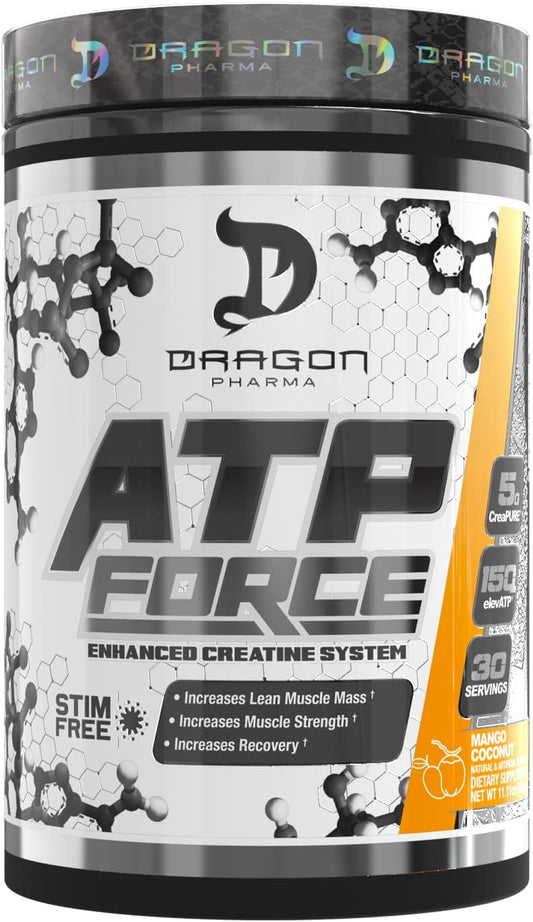 Dragon Pharma ATP Force Enhanced Creatine System - Stimulant-Free Formula for Lean Muscle Mass & Recovery - 5g CreaPure - Enhanced Blood Flow - Mango Coconut Flavor - 30 Servings