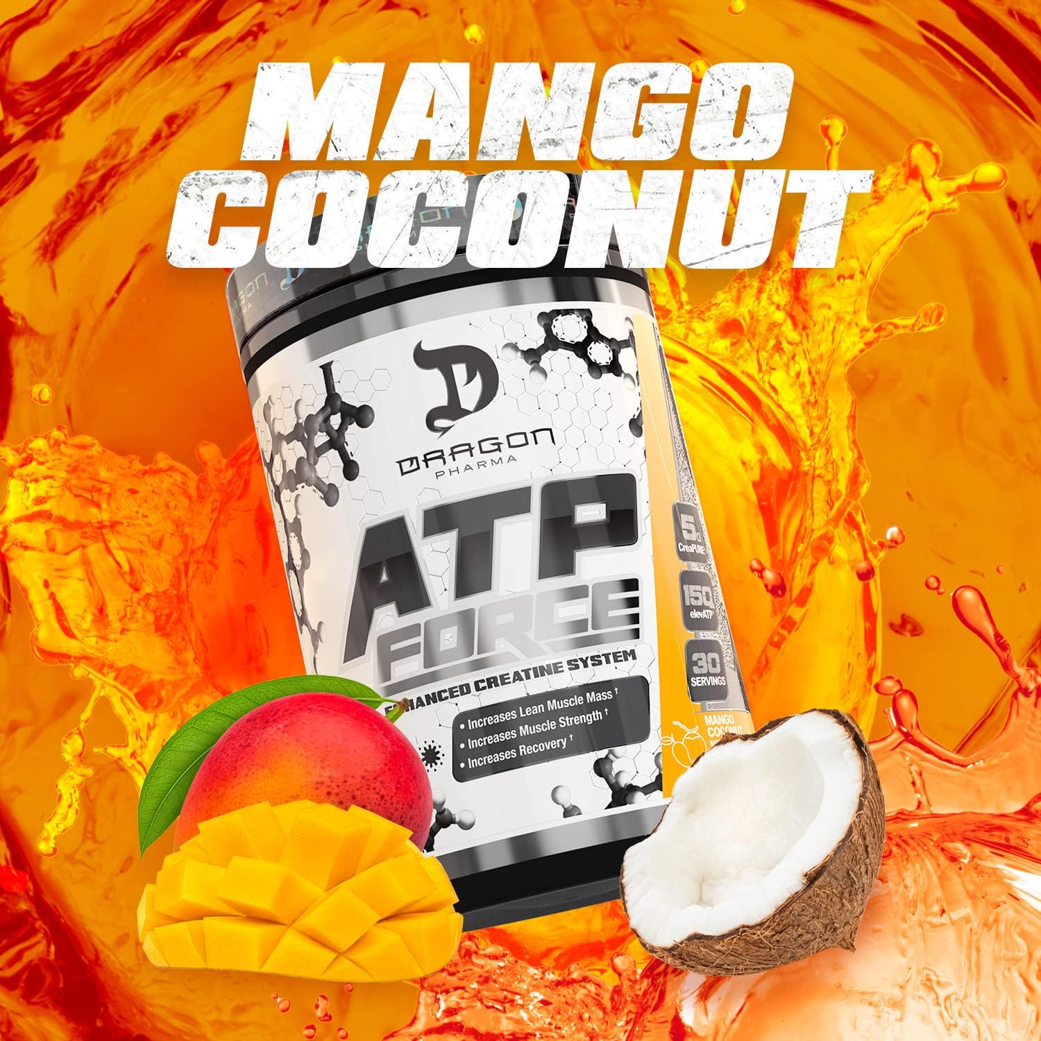 Dragon Pharma ATP Force Enhanced Creatine System - Stimulant-Free Formula for Lean Muscle Mass & Recovery - 5g CreaPure - Enhanced Blood Flow - Mango Coconut Flavor - 30 Servings